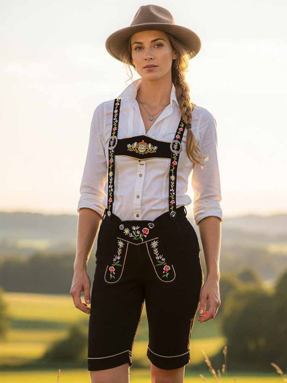 Suede Lederhosen Bavarian Leather Shorts with Embroidered Adjustable Suspenders